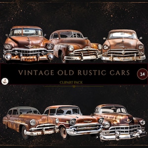 May include: A digital clipart collection featuring six rusted, vintage automobiles in various states of decay. The image displays the text VINTAGE OLD RUSTIC CARS and CLIPART PACK, with a circular badge containing the number 14 on a dark background.