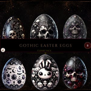 Huevos góticos, imágenes prediseñadas de huevos de Pascua, huevos con calaveras góticas, imágenes prediseñadas de Halloween, huevos de Pascua góticos, uso comercial, manualidades digitales, gráfico de huevo gótico