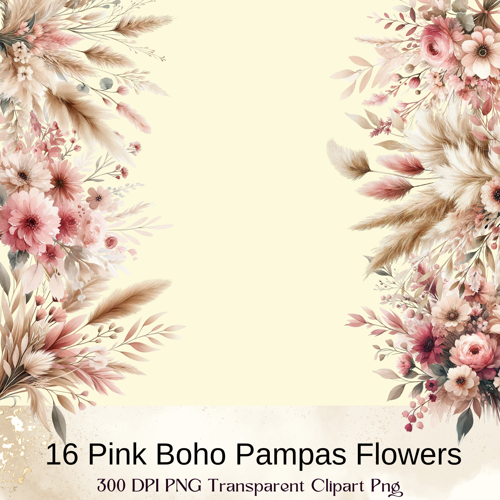 Boho Pink Flowers Clipart, Boho Floral Clipart, Boho Pink Wildflowers