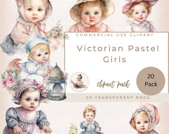 20 viktorianska vintage clipart, pastellfärgad flicka PNG, pastellfärgad akvarell bunt, scrapbook skräpjournal, 300 DPI, kommersiellt bruk, korttillverkning