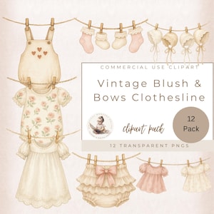Vintage Baby Mädchen Wäscheleine Clipart, Hängende Kleider, Spitze Bloomers, Holzklammern, Pastell Babyparty PNGs, Junk Journal Printables