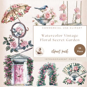 Imágenes prediseñadas de jardín, imágenes prediseñadas de puerta, imágenes prediseñadas de columpio con rosas, imágenes prediseñadas de baño para pájaros, imágenes prediseñadas vintage, jardín secreto, diario de jardinería, uso comercial