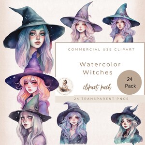 24 Witch Clipart Bundle, Watercolor Witches, Dark Fantasy Clipart, Commercial Use, Halloween Clipart, Mystical Magic, Transparent PNG