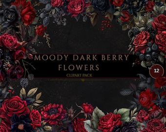 Dark Moody Flowers Clipart Bundle, Transparent PNGs, Roses Wedding Bouquet Illustrations, Dark Moody, Red & Black Gothic Floral Clipart