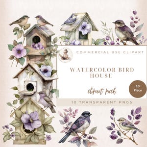 Casa de pássaro em aquarela, clipart de chá de bebê, clipart de pássaro, gráficos de casa de pássaro, itens efêmeros de pássaro, uso comercial, criação de cartões, artesanato digital