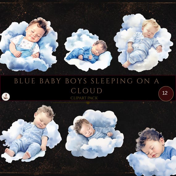 Watercolor Cute Baby Blue Boys Sleeping on Clouds Clipart, Baby 