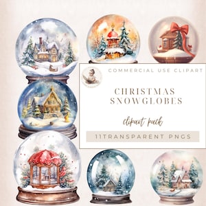 Clipart de bola de nieve navideña, clipart de acuarela navideña, clipart de decoración navideña, creación de tarjetas, uso comercial, descarga instantánea