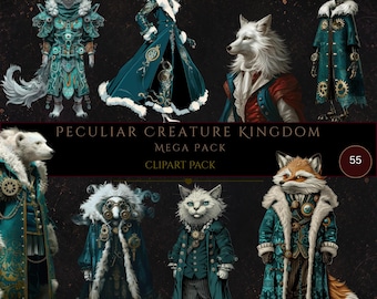 Op de afbeelding: Een digitale kunstcollectie met antropomorfe dieren in sierlijke teal en witte outfits. De afbeelding bevat een vos, kat, wolf en beer, met de tekst "Peculiar Creature Kingdom Mega Pack Clipart Pack".