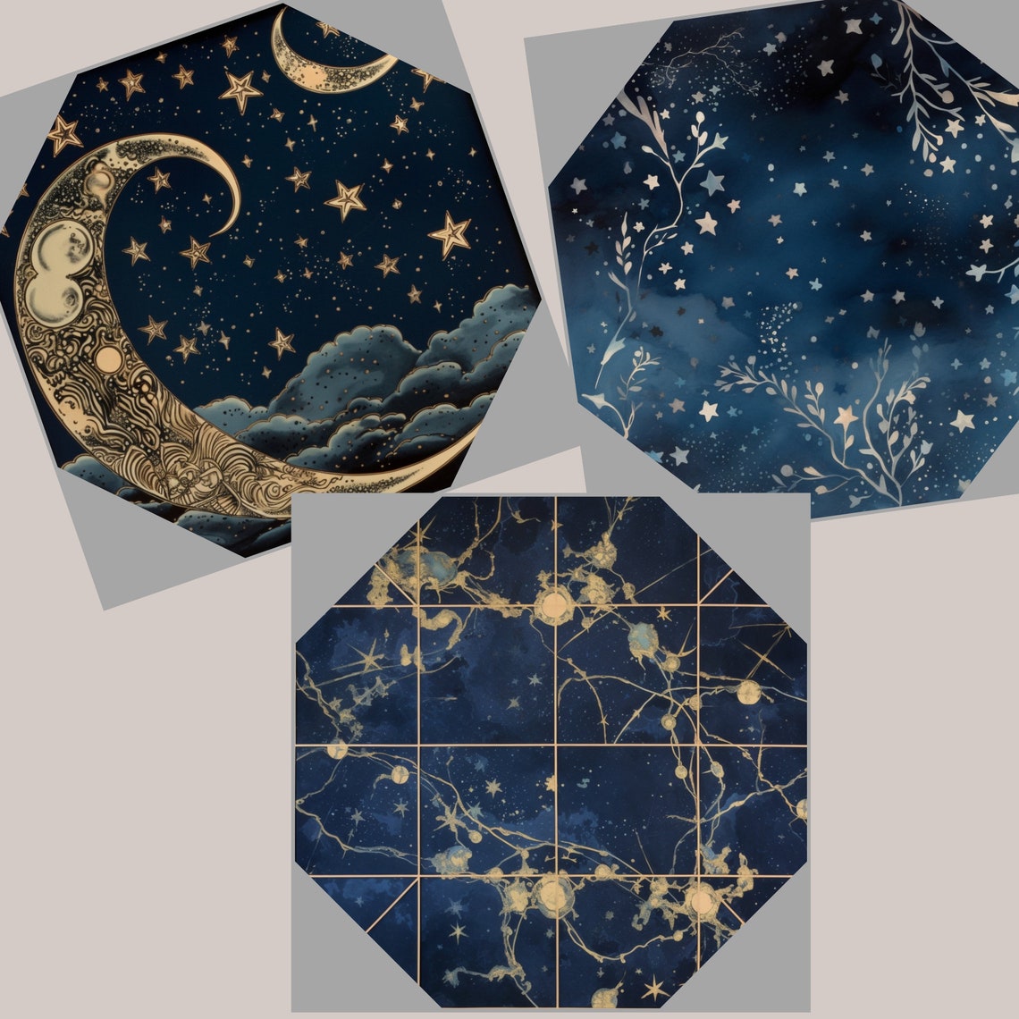 Celestial Starry Night Digital Paper, Seamless Zodiac Navy Watercolor ...