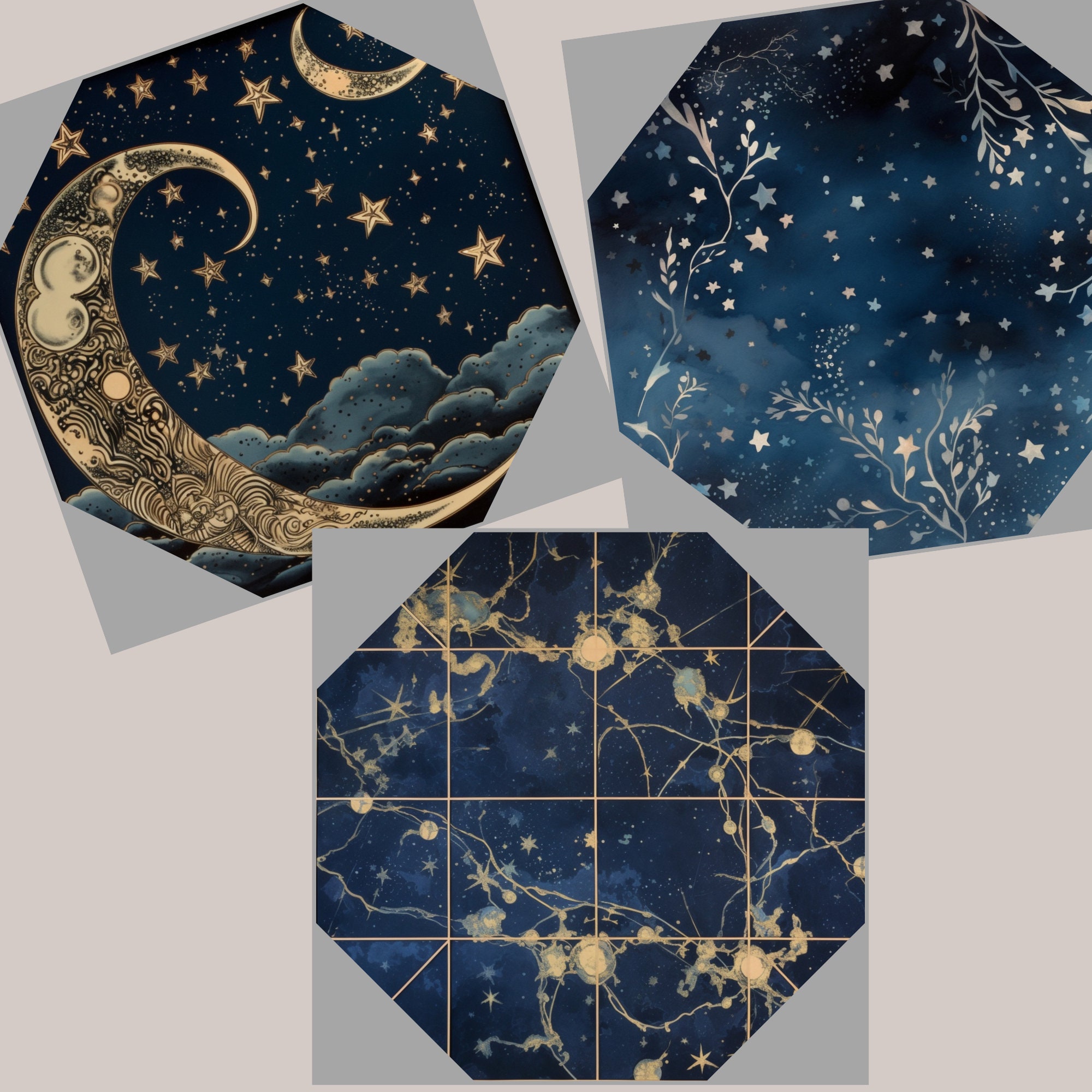 Celestial Starry Night Digital Paper, Seamless Zodiac Navy Watercolor ...