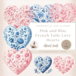 Rosa und Blau Französisch Toile Liebe Herzen, Liebe Herzen Digitals, Liebe Clipart, Romantik Clipart, kommerzielle Nutzung, digitales Handwerk