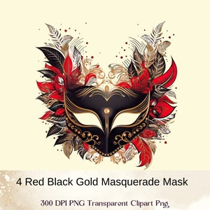 Masquerade Clipart, Party Mask, Anniversary Mask, Ball Mask, Masquerade Party, Commercial Use, His & Hers Masquerade Masks, Red, Black Gold image 2