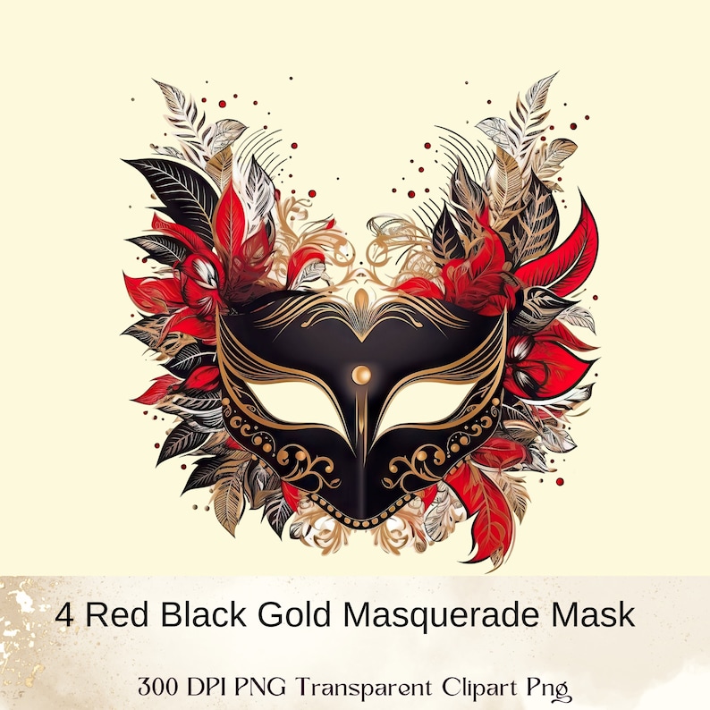 Masquerade Clipart, Party Mask, Anniversary Mask, Ball Mask, Masquerade Party, Commercial Use, His & Hers Masquerade Masks, Red, Black Gold image 2