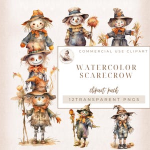 Watercolor Scarecrow Clipart. Autumn Clipart, Commercial Use, Junk Journal. Scrapbook Clipart. Sublimation, Card Making, Halloween Clipart
