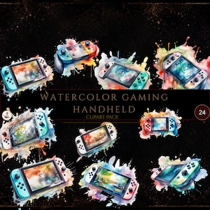 May include: A collection of handheld gaming consoles depicted in a watercolor style, featuring vibrant paint splatters in various colors. The text WATERCOLOR GAMING HANDHELD CLIPART PACK is centered, with the number 24 in a circle on the right.