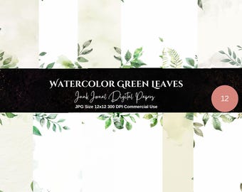 Printable Papers, Watercolor Green Leaves Digital Papers, Watercolor Leaves Junk Journal, Paper Crafts, Watercolor Green Leaves Backgrounds
