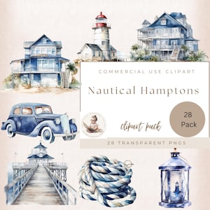 Nautische Aquarell Hamptons Stil Clipart, Leuchtturm, Aquarell Hampton House Clipart, Boote Clipart, Instant Download, kommerzielle Nutzung
