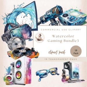 May include: Watercolor clipart pack of 19 gaming items, including a microphone, VR headset, speakers, glasses, and a record player. The clipart is in a vibrant, colorful style and is perfect for digital projects.