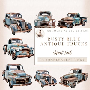 Watercolor Vintage Old Rusty Blue Truck Clipart, Vintage Trucks, Antique Vehicle Design, Wall Art Prints, Rusty Plates, Commercial Use