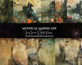 Dragon Kingdoms Digital Papers, Fantasy Castle Backgrounds, Medieval Dragon Junk Journal Pages, Vintage Grunge Scrapbook Paper