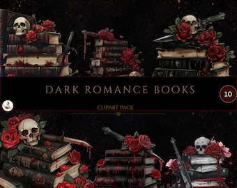 Gothic Dark Romance Books Clipart, Skull Clipart, Gothic Roses and Skull Books Clipart, Commercial Use, Junk Journal, Digital Crafting