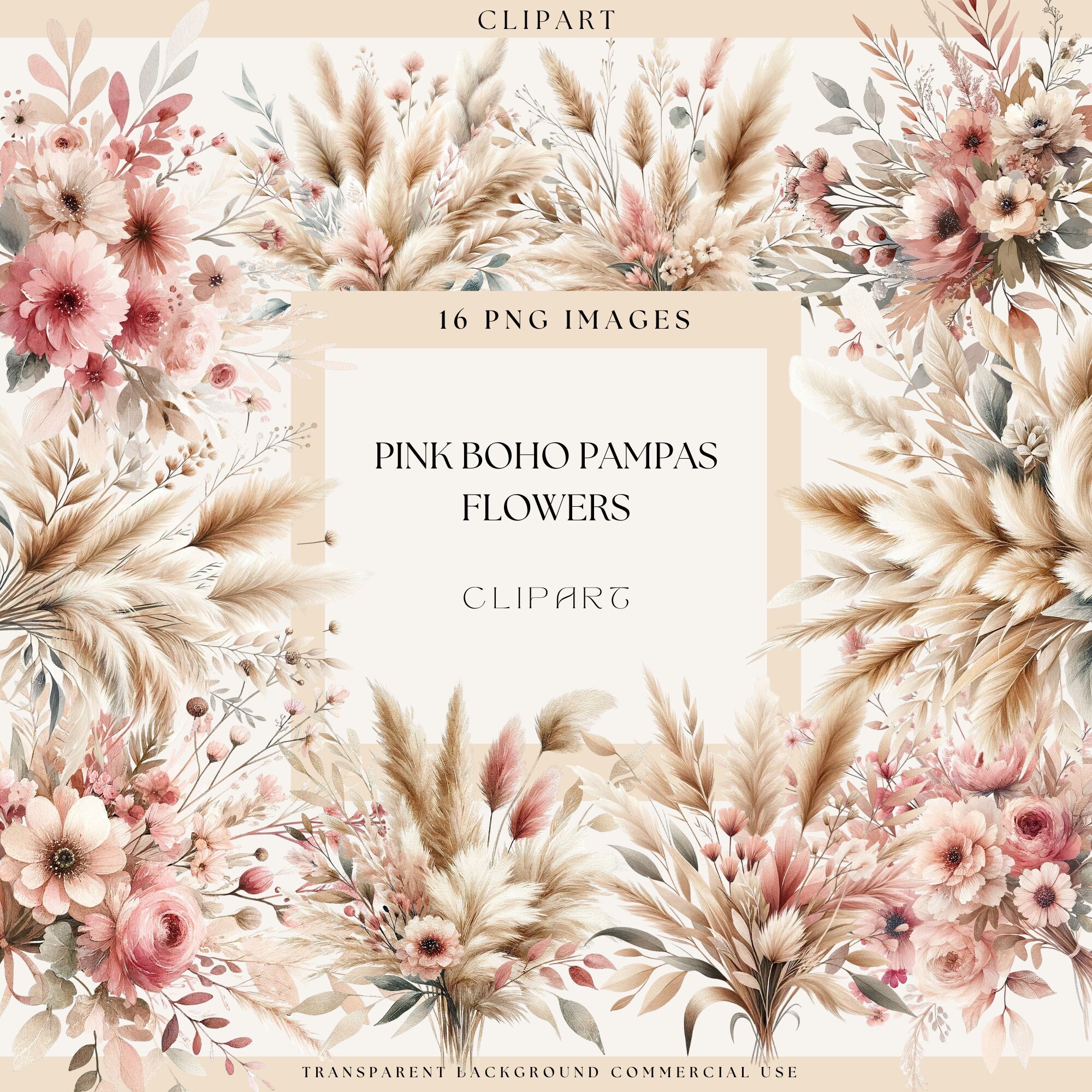 Boho Pink Flowers Clipart, Boho Floral Clipart, Boho Pink Wildflowers