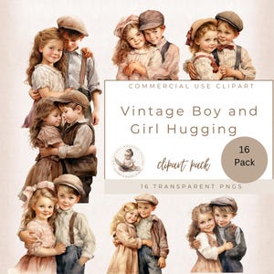 Paquete de imágenes prediseñadas de niño y niña abrazados de estilo victoriano vintage, PNG transparente, descarga digital, para crear tarjetas, álbumes de recortes, diarios basura, uso comercial.
