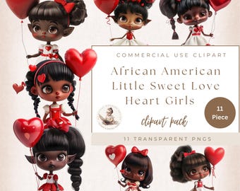 African American Love Heart Girls, Valantines Girl, Romantic Clipart, Valentines Day Clipart Whimsy Clipart, Fashion Clipart, Commercial Use