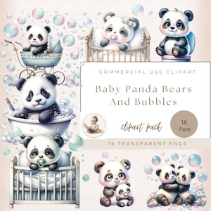 Schattige baby pandabeer clipartbundel, babypanda png, pandabeer en bubbels, baby jungledieren, decor kinderkamer, babyshower, commercieel gebruik
