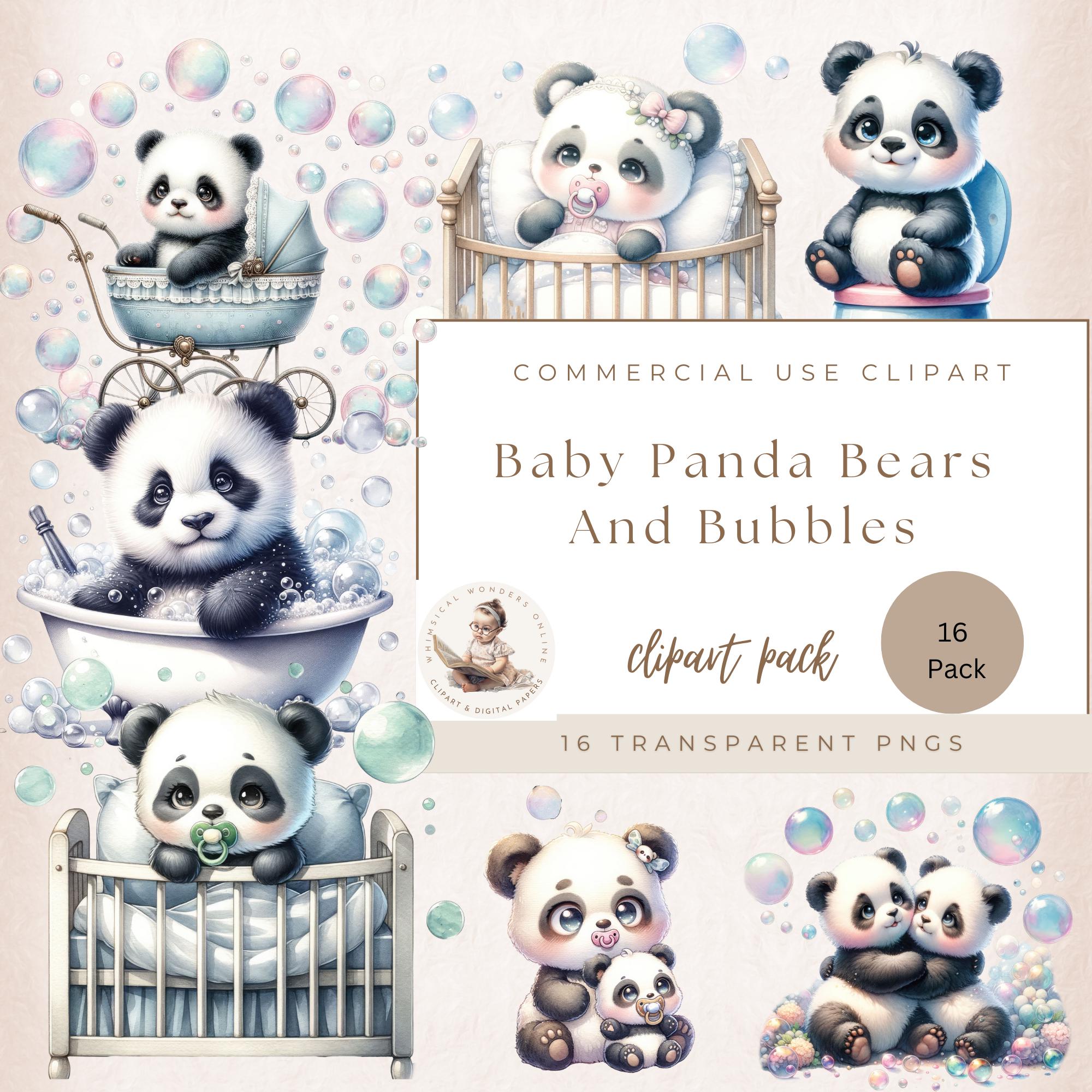 Cute Baby Panda Bear Clipart Bundle, Baby Panda PNG, Panda Bear & Bubbles, Baby Jungle Animals, Nursery Decor, Baby Shower, Commercial Use