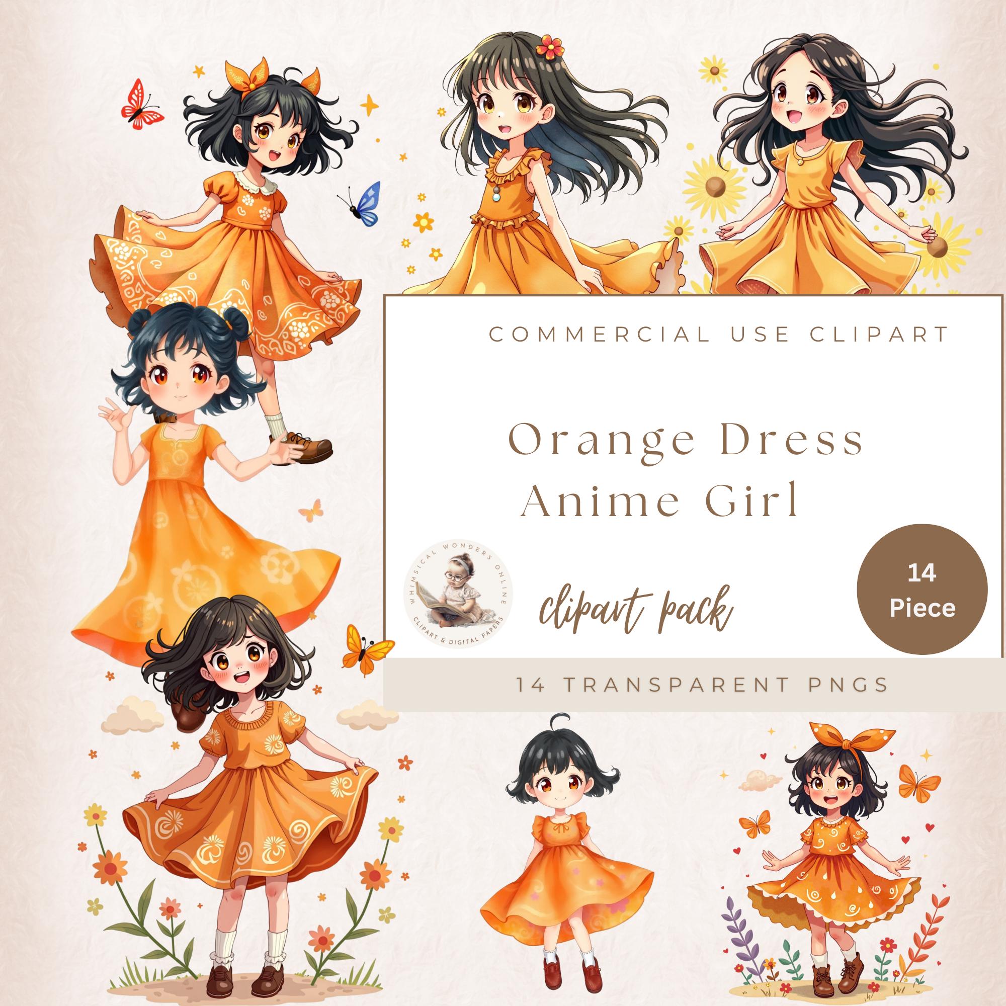 Orange Dress Anime Girls Clipart, Cute Girl Clipart, Digital Crafts, Commercial Use, Fashion Girl Clipart, Transparent Png Digital Craft