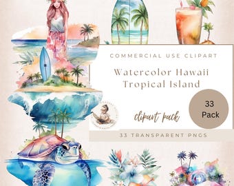 33 Watercolor Pastel Hawaii Clipart, Tropical Island, Surfing, Watercolor Island Clip Art, Tropical Flowers, Surfboard, Commercial Use