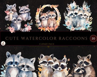 Raccoon Watercolor Clipart, Nursery Decor Baby Raccoon, Cute Baby Animal Floral Clipart, Wall Decor, Commercial Use, Instant Download