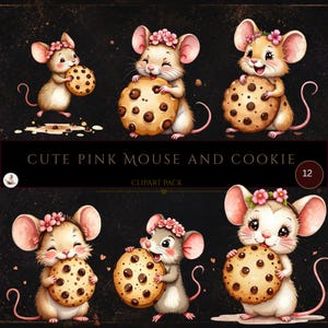 Op de afbeelding: Een digitale illustratieset met zes lichtbruine muizen met roze oren en bloemenhoofdbanden, die elk een koekje met chocoladestukjes vasthouden. De tekst CUTE PINK MOUSE AND COOKIE CLIPART PACK staat centraal op een donkere achtergrond.
