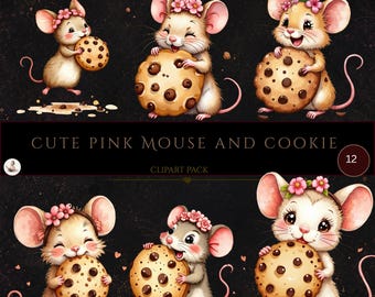 May include: A digital illustration set featuring six light brown mice with pink ears and floral headbands, each holding a chocolate chip cookie. The text CUTE PINK MOUSE AND COOKIE CLIPART PACK is centered on a dark background with the number 12.