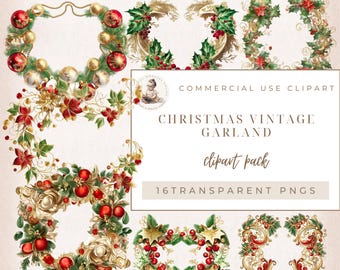 Christmas Garland Clipart, Christmas Tinsel, Vintage Christmas, Digital Download, Christmas Watercolor Clipart, Christmas Clipart