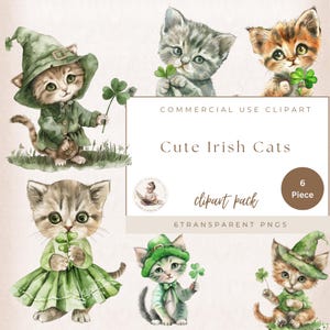 Gatos lindos del día de San Patricio, imágenes prediseñadas de gatos en acuarela, PNG transparente, gráficos de gatos, uso comercial, creación de tarjetas, gato sosteniendo un trébol