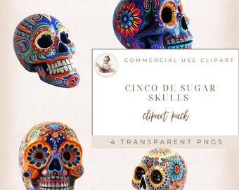 Dag van de Doden-clipart, schedel-clipart, afbeeldingen suikerschedel, Mexicaanse clipart, Halloween-clipart, gotische clipart, transparante achtergronden,