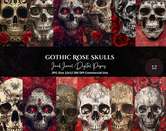 Gothic Junk Journal Pages, Gothic Romance Scrapbooking, Dark Roses and Skulls, Commercial Use, Digital Crafts, Skull Background Papers