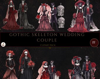 Gothic Skeleton Couple Wedding Clipart, Halloween Clipart, Gothic Wedding Clipart, Commercial Use, Junk Journal, Digital Crafting