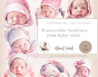23 Baby Girl Watercolor Clipart, Newborn Baby, Baby Shower, Gender Reveal, Nursery PNG, Clipart Bundle, Commercial Use, Baby Girl Newborn