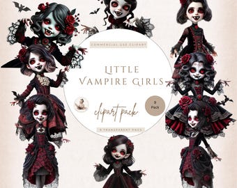 Little Vampire Girls, Halloween Clipart, Vampire Girl Graphics, Transparent Backgrounds, Fashion Clipart, Commercial Use, Digital Crafts