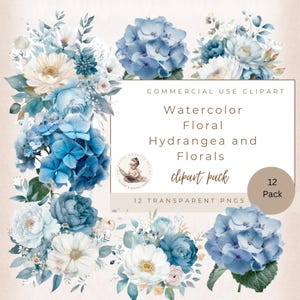Blue Watercolor Floral Hydrangea Clipart Pack, Clip art for commercial use, Transparent PNGs, Dusty Blue Wedding Botanical Florals