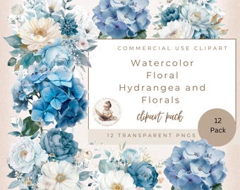 Blue Watercolor Floral Hydrangea Clipart Pack, Clip art for commercial use, Transparent PNGs, Dusty Blue Wedding Botanical Florals