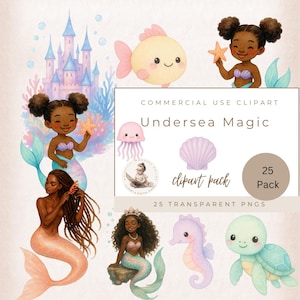 Clipart de sirena pastel, sirena de piel oscura, conchas marinas, criaturas marinas y acuarela, PNG bajo el mar, fiesta de cumpleaños de sirena.