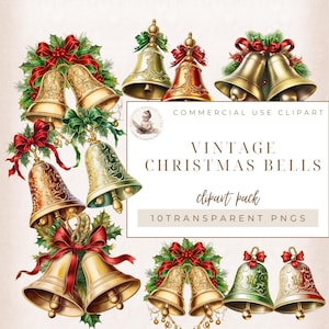 Bell Clip Art, Imágenes Prediseñadas de Navidad, Vintage Holiday Imprimible, Uso Comercial, Tarjetas de Navidad Vintage, Imagen de Campanas de Navidad, Uso Comercial