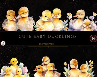 Cute Baby Duck Clipart Bundle, Watercolor Adorable Duckling Clipart, Baby Yellow Duckling, Animal Graphics, Nursery Wall Art, Baby Shower