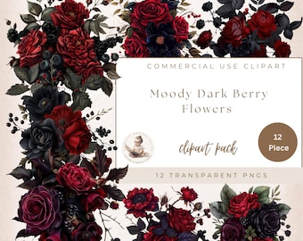 Dark Moody Flowers Clipart Bundle, Transparent PNGs, Roses Wedding Bouquet Illustrations, Dark Moody Red & Black Berry Gothic Floral Clipart