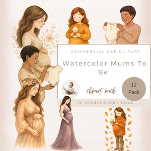Watercolor Mums to Be, Baby Shower Clipart, African American Pregnant Woman, Maternity Clipart, Pregnancy Illustrations, Commercial Use