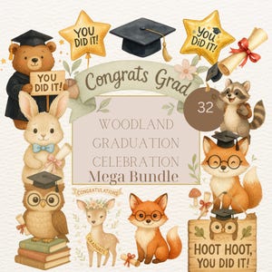 Bundle de cliparts de remise des diplômes des bois, animaux de la forêt mignons PNG, renard, hibou, ours, raton laveur, lapin - casquettes de remise des diplômes, bannières, ballons, création numérique